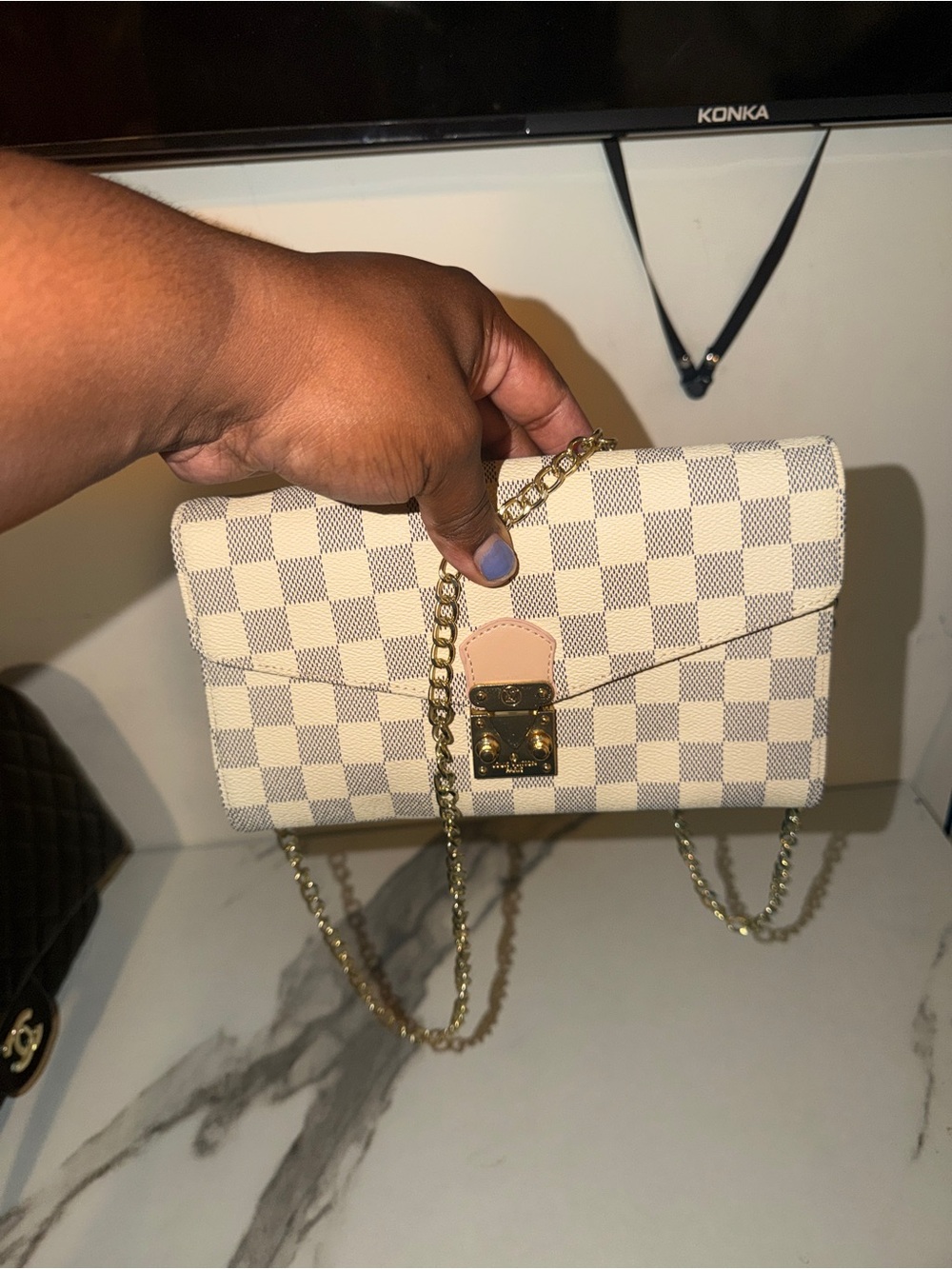 Checkered Cream Crossbody Chain Bag with Gold Hardware